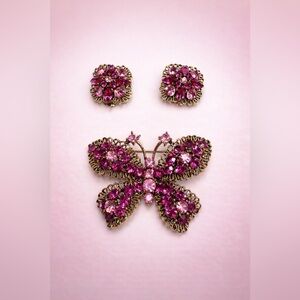 Signed Lisner Pink Rhinestone Butterfly Brooch & Earrings